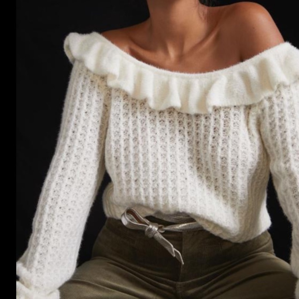 NWT Anthropologie Ruffle Wool Blend Knit Boat Neck Sweater In White